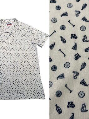 PERRY ELLIS Men's Golf Shirt Polo Size Medium Sailboats Golf Clubs Cart Pin